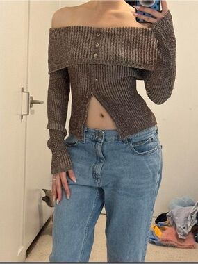 EGO Off-the-Shoulder Ribbed Crop Sweater - Brown